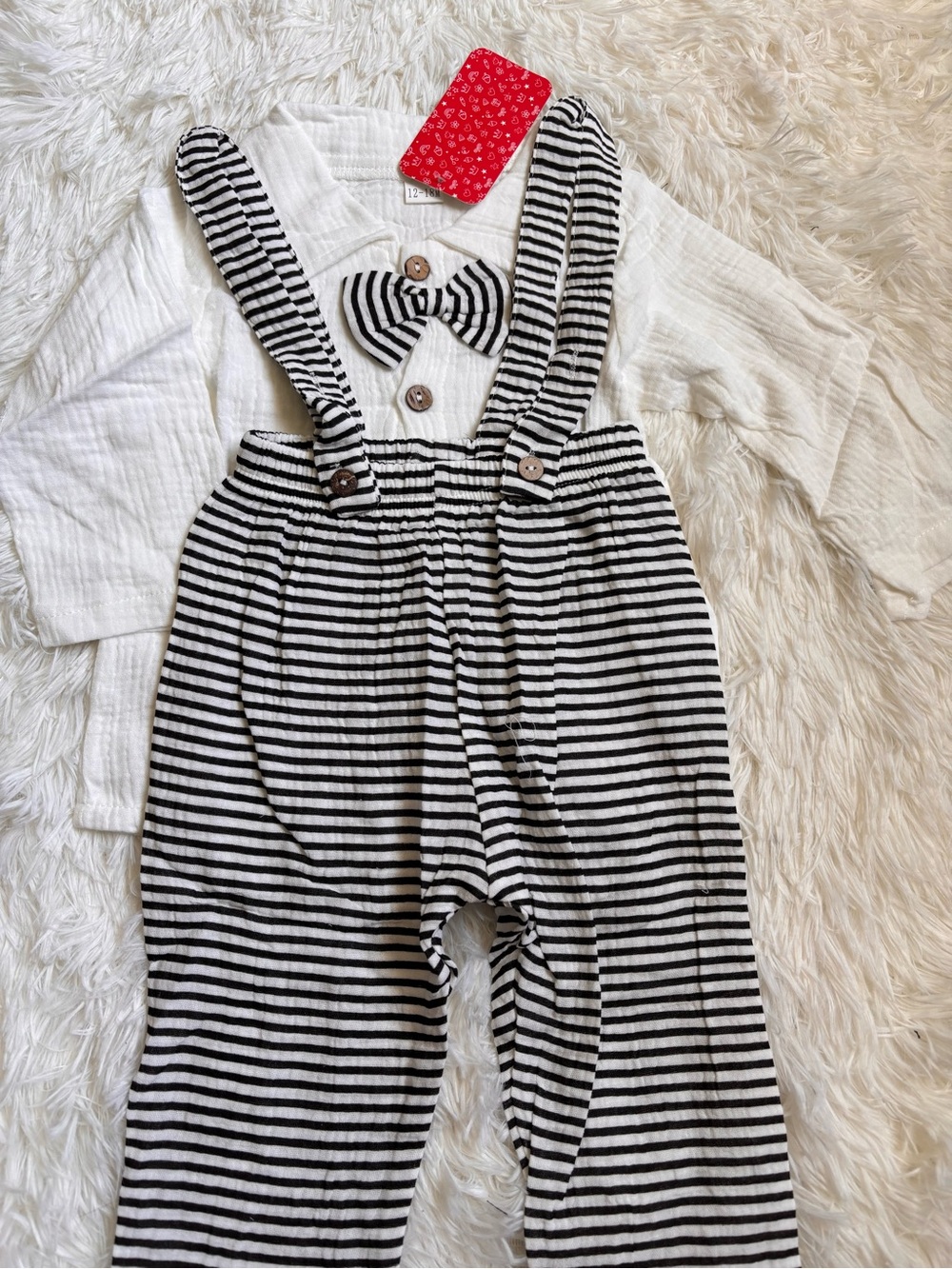 Unbranded Black & White Striped Suspender Pants for Kids